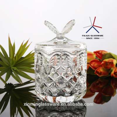 China glassware factory glass sugar bowl glass candy jar with butterfly design