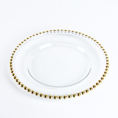 Hot Selling Glass plates & dishes13'' Glass Charger Plates With Gold Beaded